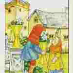Шестерка Кубков в картах Таро. В саду возле уютного старого дома мальчик протягивает девочке…